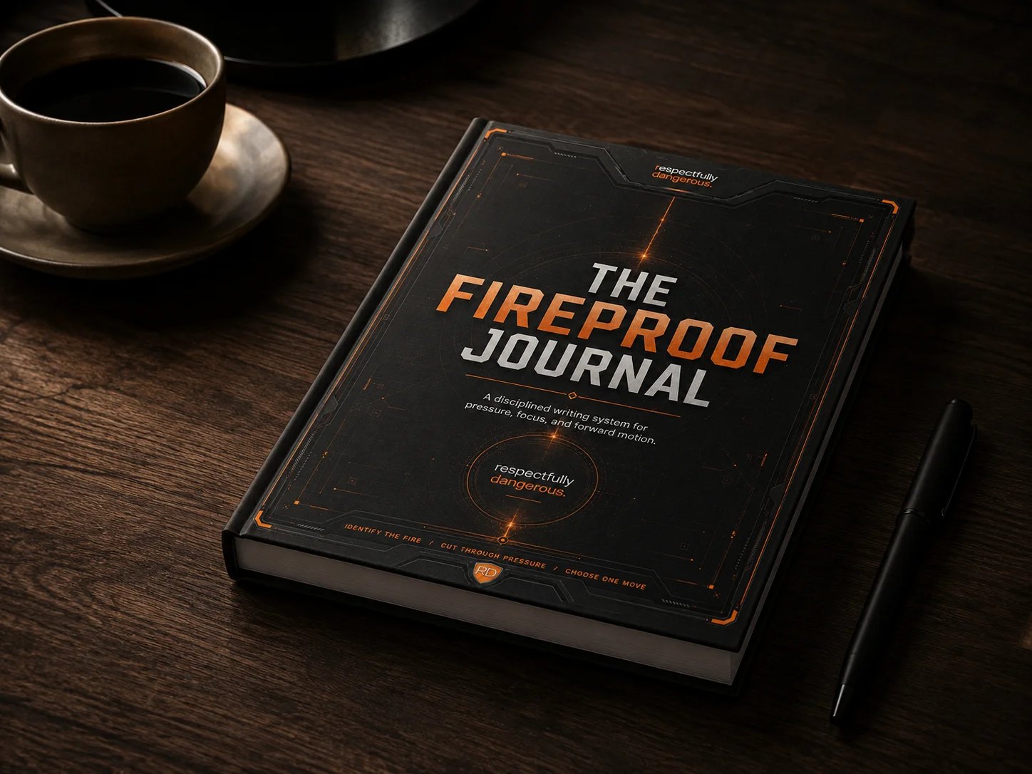The Fireproof Journal resting on a dark walnut table, ready for Monday's work